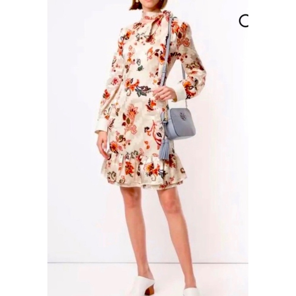 Tory Burch Floral Burnout Silk Blend Ruffle Hem Tie Neck Dress Size 8 Cream Red